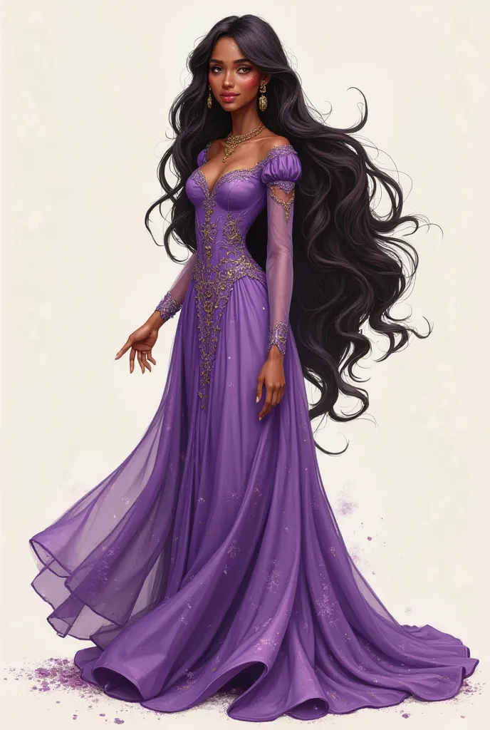 a drawing of a woman in a purple dress with long hair, concept art inspired by reyna rochin, tumblr, art nouveau, pocahontas, garbed in a purple gown, wearing a flowing dress, disney character style, rapunzel, princess of amethyst, she has olive brown skin...