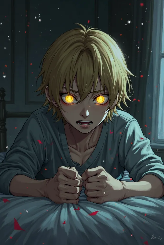 A yandere man with shoulder length blond hair, glowing yellow eyes. In a dark bedroom. Anime style. 