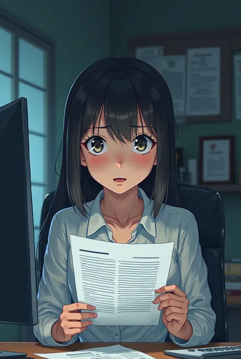 sits at her desk, eyes wide as she looks at leaked documents on her computer. in anime