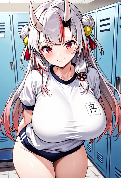 (Highest quality , 8k , masterpiece , incredibly absurdres , perfect body , super detailed skin , highly detailed eyes and face , 1 woman ) ,  nakiri ayame , Silver Hair , red eyes , demon horn , smile ,  will be happy , ( gym uniform, gym shirts, white t-...