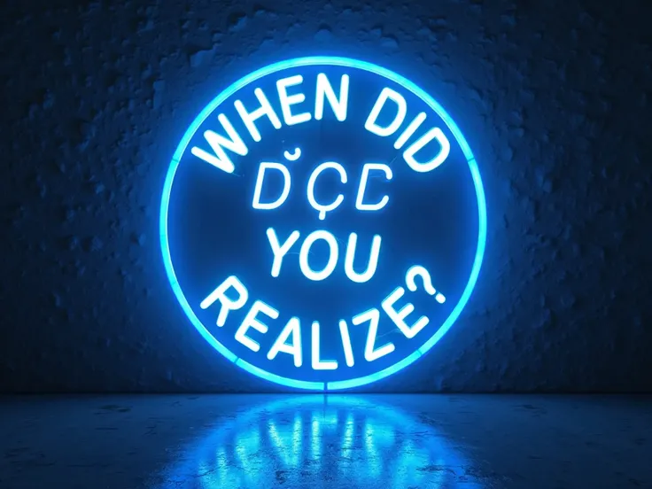 Neon 3D logo of words 'WHEN DID YOU REALIZE?' in neon blue and white color written circullar shape on the wall inside the dark room, all in capital letters. realistic, front view.