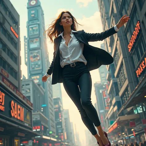 Novel cover art style close up of attractive businesswoman , in suit open jacket unbuttoned suit office formal shirt tucked in skintight pants and black buckle belt is swinging through a cityscape,