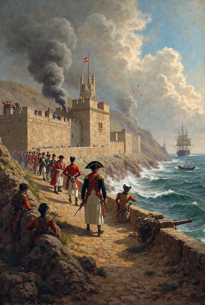 Napoleon and his army Physically Shooting at the british navy while on land in a fortress