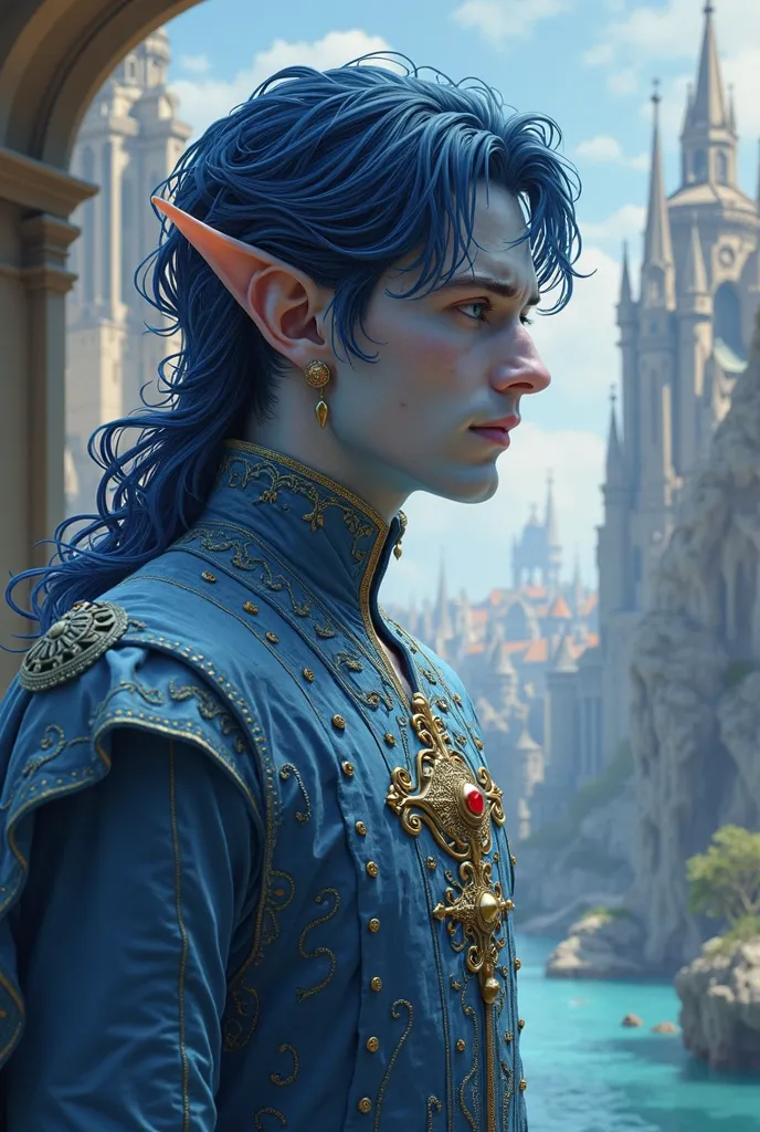 fantasy character, a king,  guy in his 20's, represent the water element blue skin, dark blue hair, old European style, unnatural ears with one gold earring, whole face portrait 