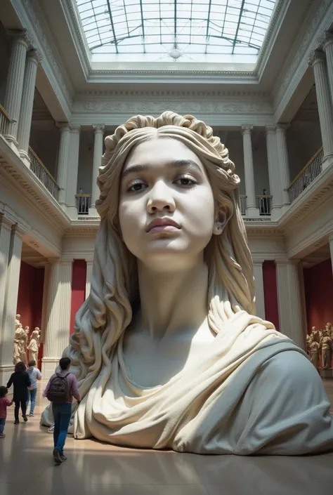 giant statue of a woman's head is on display at the museum