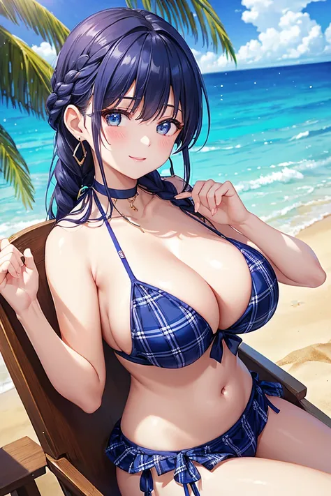 Highest quality、Highest quality、masterpiece、(8k),beauty(18 years old)、Navy blue long hair(Braiding of sides)、Sexy Bikini(Plaid)、Big cleavage、(Big Breasts)、smile、blue necklace、Blue Earrings、background(Beach)、、Arch Pose、Blue choker