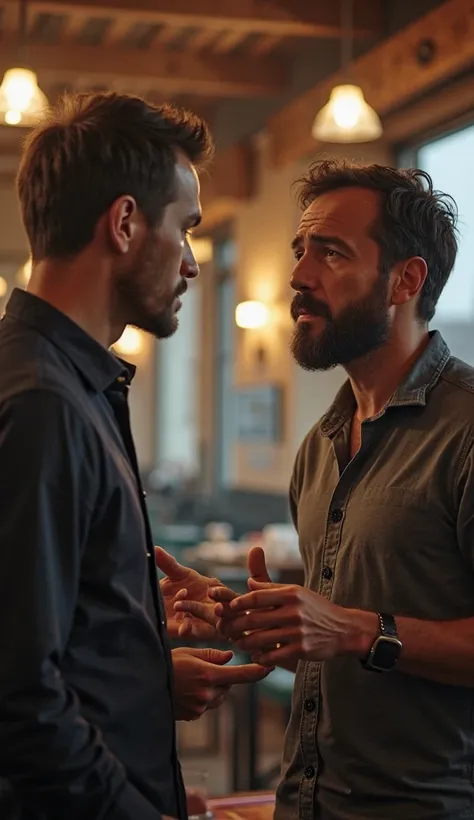 After eating the meal, the man calmly explains to the restaurant manager, who has a puzzled and slightly nervous face, that he has no money.