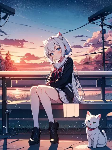  Relaxed Personality and White Cats 　anime girl sitting on a bench looking at the stars, anime art wallpaper 8 k, anime art wallpaper 4k, anime art wallpaper 4 k, 4k anime wallpaper, anime wallpaper 4k, anime wallpaper 4 k, anime style 4 k, 4k Manga Wallpa...