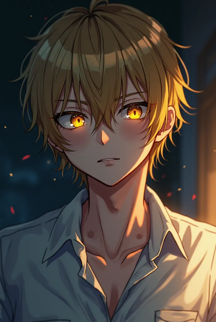 A yandere man with shoulder length blond hair, glowing yellow eyes, blushing and has a lovesick expression. In a dark bedroom. Anime style. 