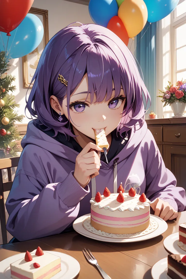 ・purple hair
・Bob hair
・cute girl
・Wearing a dull purple hoodie
・I'm eating a bite of my birthday whole cake with a fork
・The room is decorated with birthday decorations such as balloons
・Illustrations