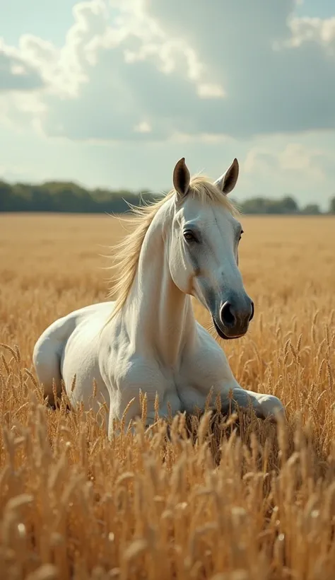 A white  horse lying on a golden wheat field, exhausted after being rescued from a fire. The horse's body has slight burn marks, and it appears weak but safe. The background shows a partly cloudy blue sky with a distant tree line. The scene has a warm, emo...