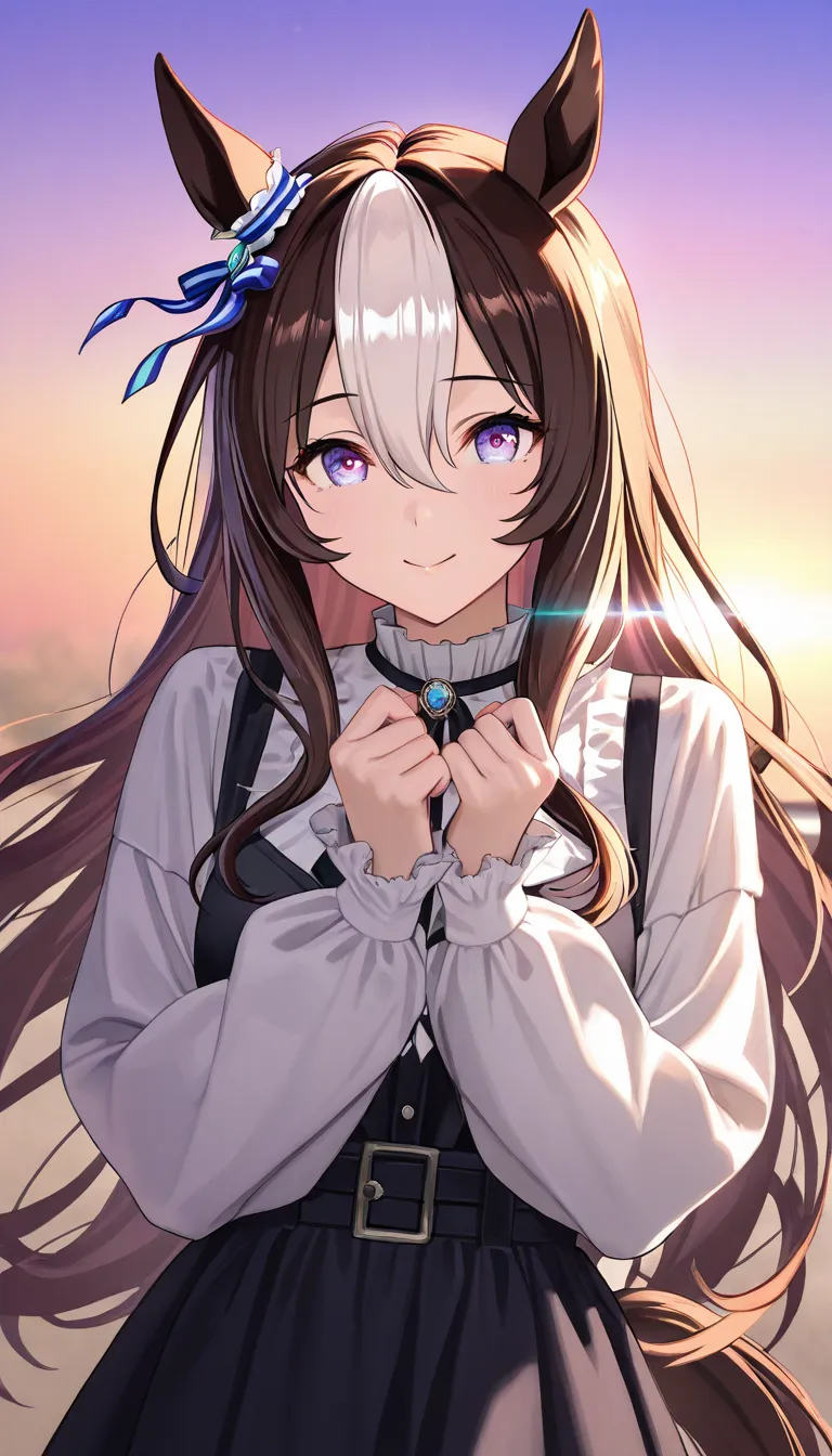 vibrant colors、((cool beauty))Uma Musume、(Duramende((Date)、((shy expression))、(casual cool clothes), 748cmstyle, DuramenteAI, purple eyes, blue eyes, brown hair, white hair, multicolored hair, hair between eyes, long hair, very long hair, bangs, black hair...