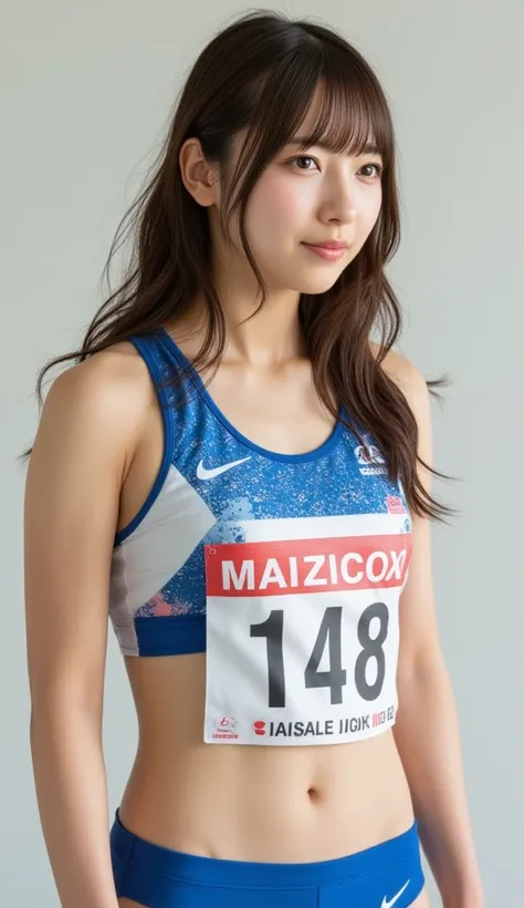 (masterpiece、best image quality、photorealistic)、 cute Japanese woman、1 person、((track and field uniform with a cropped tank top and thin racing shorts))、 full body view:1.8、 back view