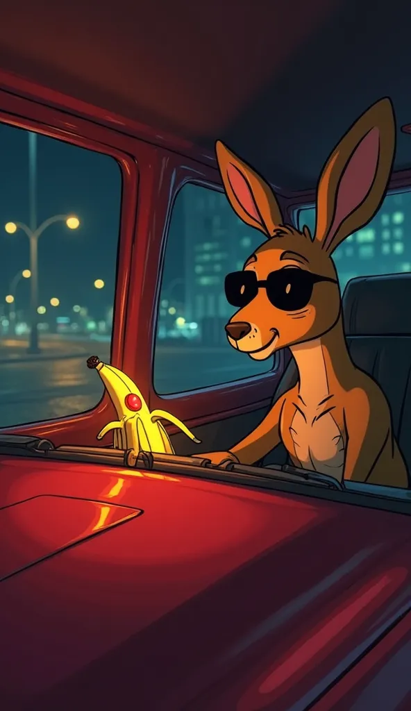 A dramatic, suspense-filled cartoon-style scene, set in the dimly lit interior of Roberto’s red taxi. The atmosphere is heavy with tension as the camera zooms in on the mysterious banana held by the kangaroo. The banana, still glowing with its strange red ...