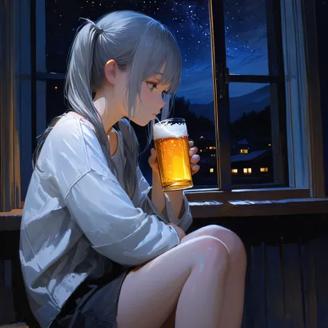 Gray hair, twintails, girl, green eyes, beer, sitting on the window sill, starry sky