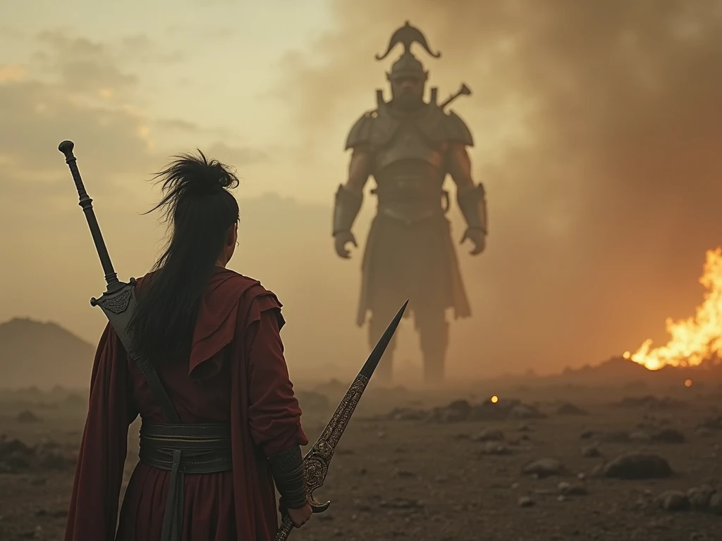 
Warrior from behind, tense posture, gripping ornately crafted Achaemenid sword tightly, looking up at the colossal looming shadow, misty battlefield, dust and ash in the air, golden glow from dying fires, epic scale, cinematic framing, deep contrast, sens...