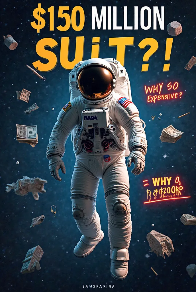 "A highly detailed NASA space suit in the center, floating in space with a deep black and blue galaxy background filled with stars. One side of the thumbnail shows a modern, high-tech NASA suit with a sleek, futuristic design, while the other side shows an...