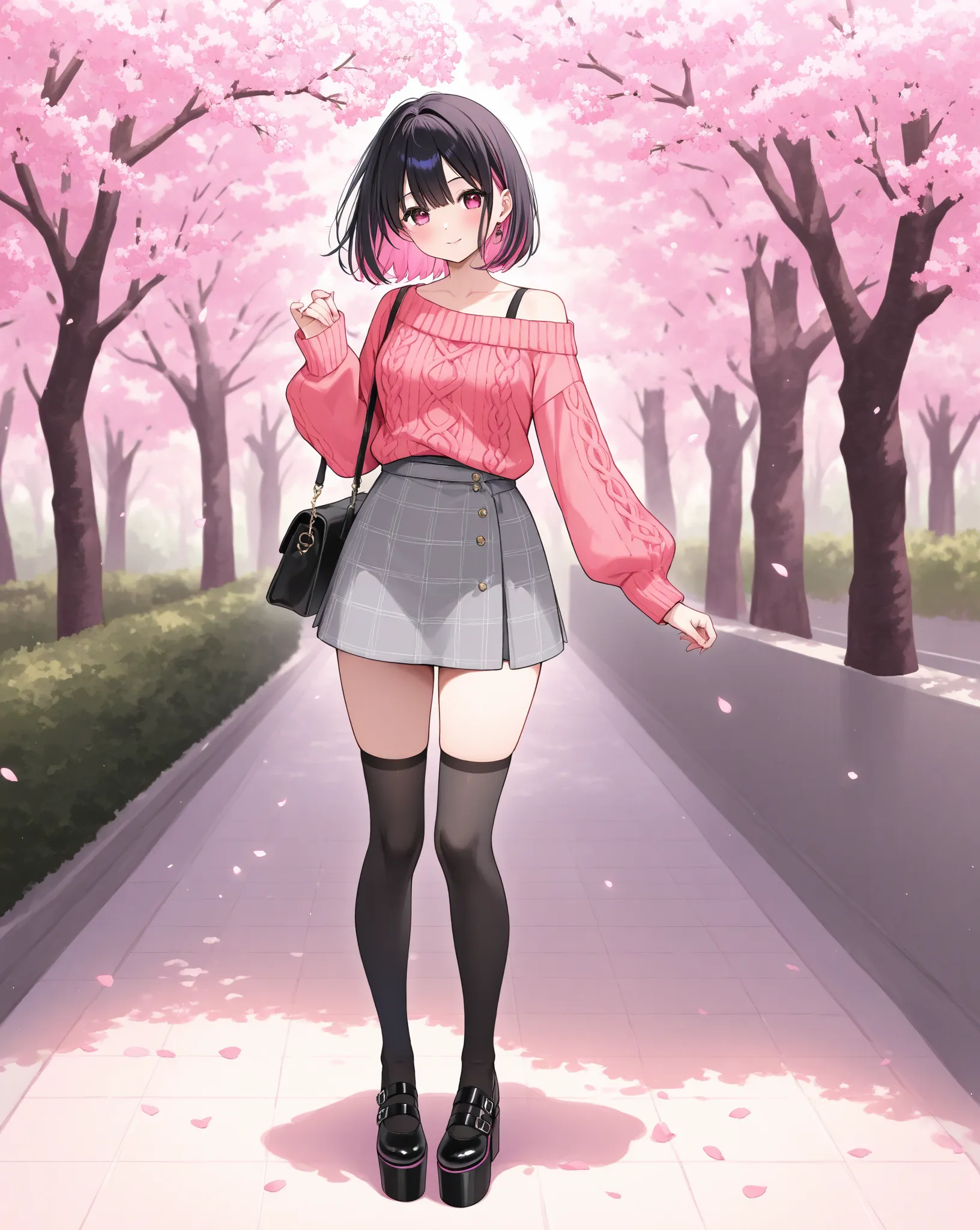 Standing in front of a cherry tree、  Petals dance  、pink hair inner color black hair、plain round neck knit、coral pink 3/4 quarter sleeve short sweater、 grey miniskirt、Black Knee High Socks、Platform shoes、wear a black shoulder bag