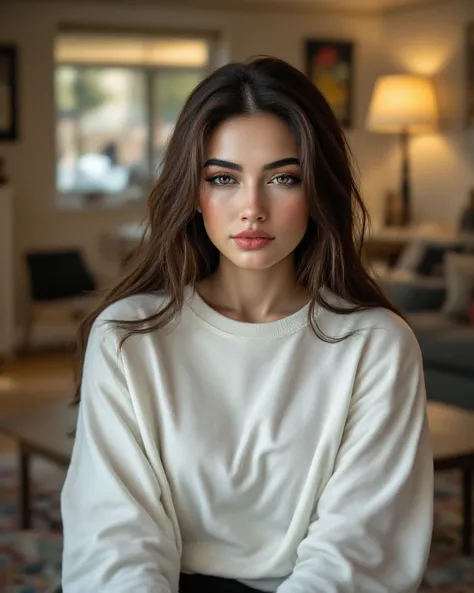 an hyper-realistic portrait of a 18 years old girl sitting on a comfortable sofa in a warm and cozy living room, captured in full body and she is little sexy curvy. her very large almond-shaped and persian eyes are a striking light gray color accentuated b...