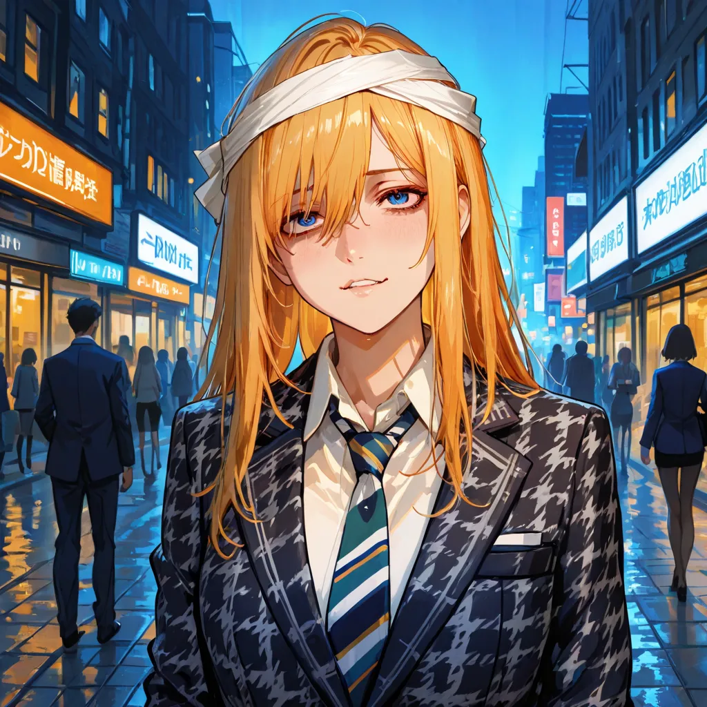 A drunken office lady wandering around the office district with a houndstooth。A blue and white striped tie is wrapped around her head。