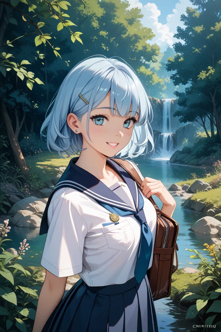 keep it up、I want it to be a picture of a normal high school girl around 155 centimeters tall wearing a uniform wearing a uniform and wearing a biscuit。That's because light blue hair is fine、