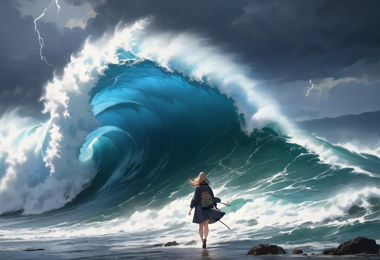  masterpiece、(Highest quality、High Resolution、4K、Created in 8k)、( real 、photorealistic:1.5)、((((Walking in the Wind))))、Strong winds、seem to be blown away、Desperately endure、Giant Wave、Rough seas、White foam、On the Sea、dark sky、thunder、storm、Lonely、despair、...