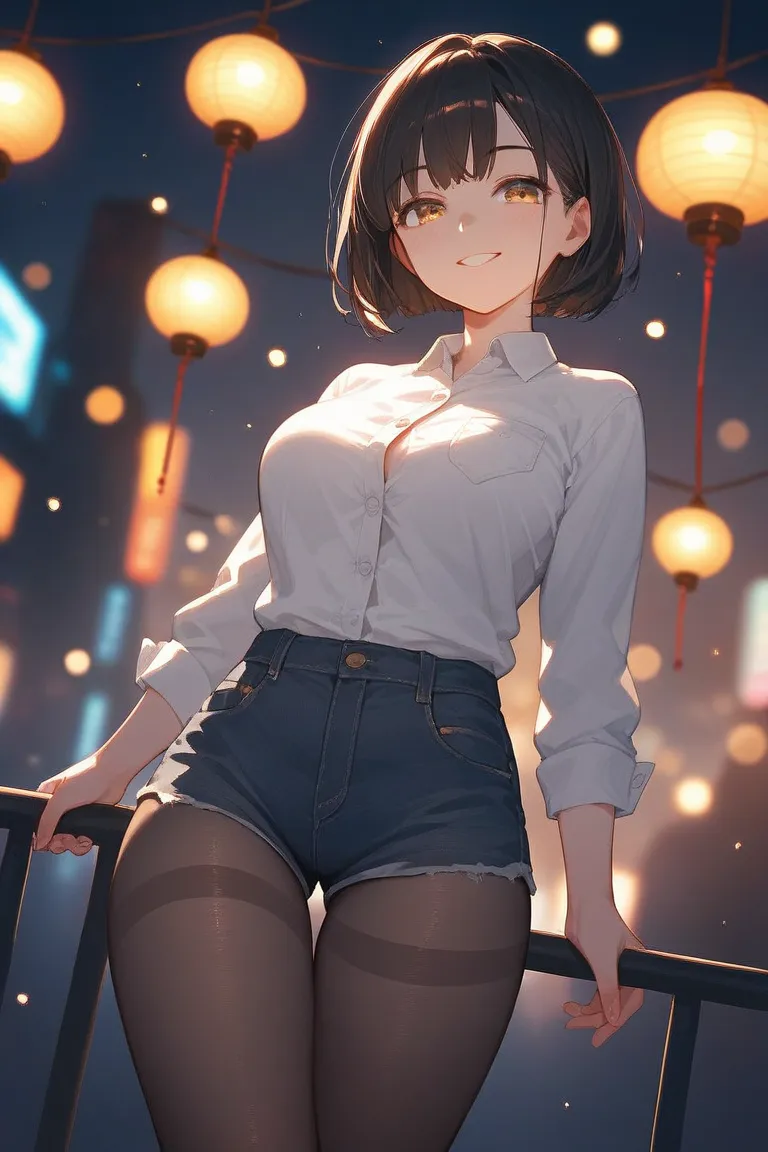 1 Girl, dark hair,  short hair, golden eye,  bob cut, Full Bangs,  button white shirt, black shorts，denim shorts， big boobs,  Smile, blush, Thigh gap, pantyhose, backlit, black pantyhose, red round lantern， city background , (Skin indentation :1.2), Curvy ...