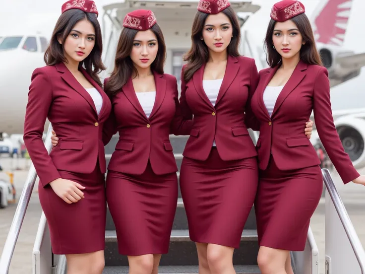 four flight attendants standing on the steps of the aircraft in uniform Maroon color typical of Qatar Airways. Each wearing a neatly cut blazer, knee-length skirt, as well as matching little hats. The collar part is combined with patterned shades that add ...