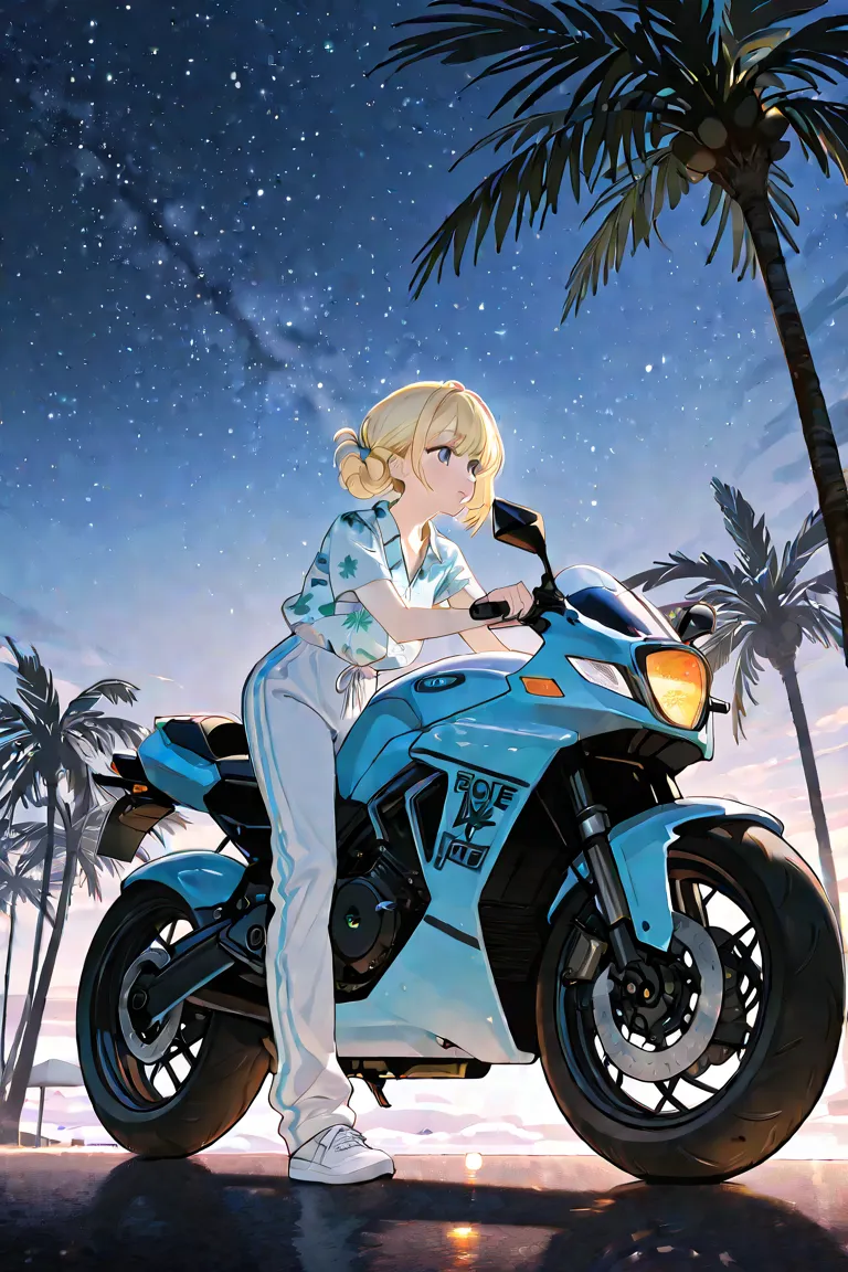 Illustration of a woman riding a motorcycle with blond bob hair、light blue aloha shirt with palm tree pattern、 white sweatpants、 cigarettes in the car、 sky full of stars