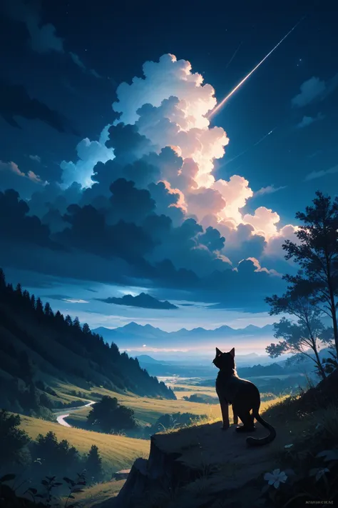 silhouette of a cat standing on a moonlit hill。Orientation is landscape。Slightly lonely illustration