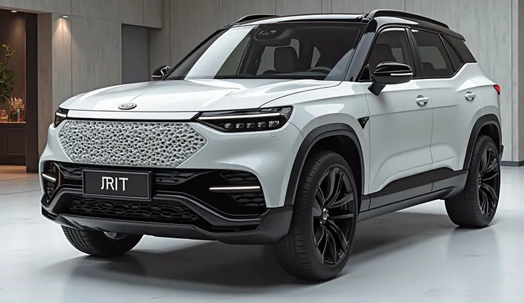  create an ultra-detailed 3D render, of a modern 2026  Rivian R1T with a bold design looking long  captured from  front. The car should feature a 'Gleamy  white color with a ' rivian R1T ' logo on its front, a large white detailed grille like Fortuner spec...