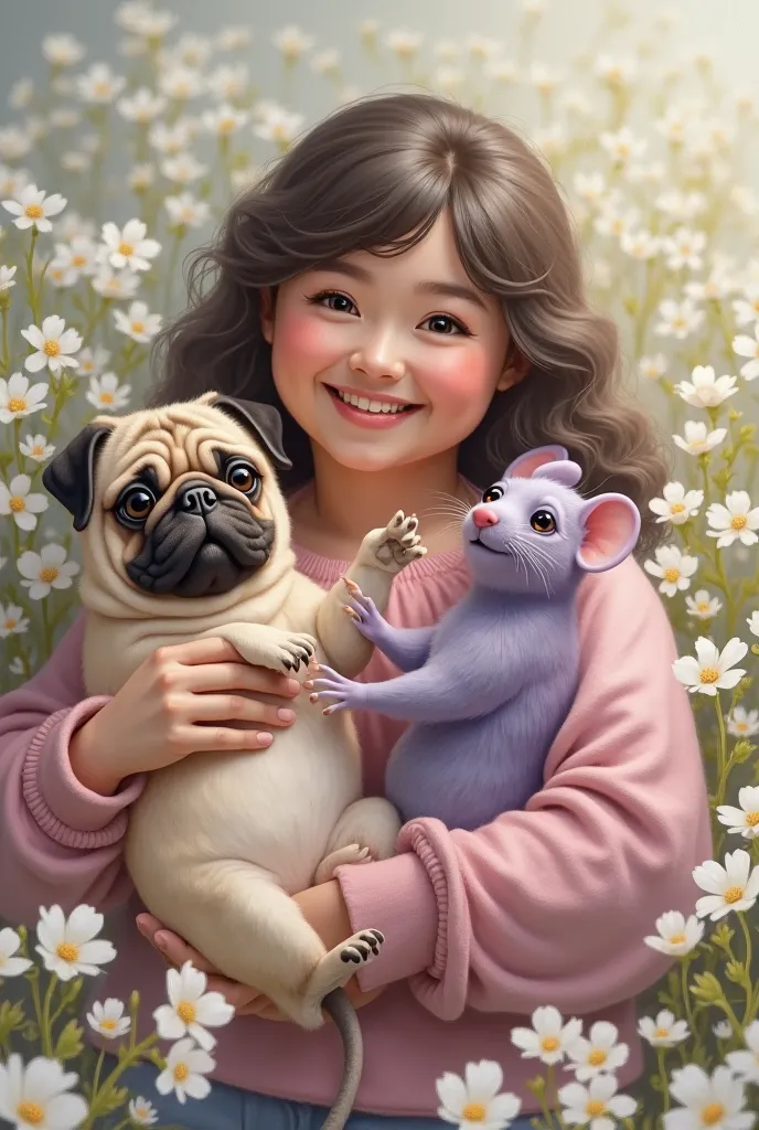 A chubby woman with a round face in her 40s、Surrounded by white flowers、holds a pug and a violet chinchilla mouse。chinchilla mouse with a bushy tail has big ears and small hands、A。