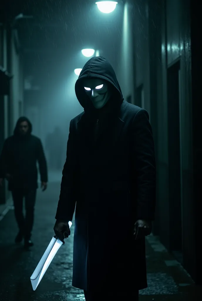 . A dark picture of a cinematic nature shows a masked person standing in a narrow alley under the light of a dim street lamp. Heavy rains fall, adding to the gloomy atmosphere. has a white weapon in his hand that shines in the reflection of light, while hi...