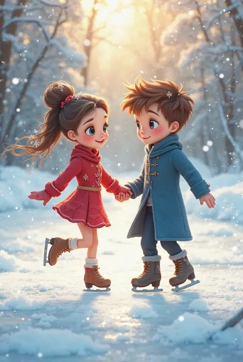 Imagine uma **semi-realistic illustration with touches of mini chibi**, where a couple of ice skaters are portrayed in a cute and enchanting way. a cena se passa em um lago gelado, with the **snow forming a perfect circle in the center**, like a natural st...