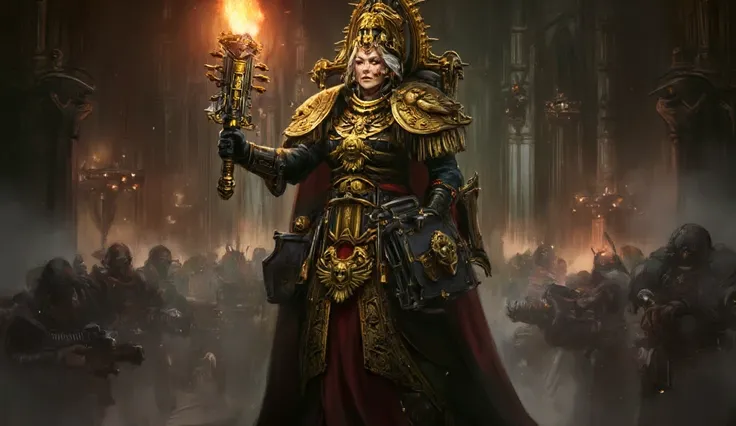 In the grimdark Warhammer 40k universe, the resistance to Goge Vandire's tyrannical reign reaches its climax. The scene is set in the grand, gothic halls of the Imperial Palace on Terra, where the air is thick with tension and the scent of burning incense....