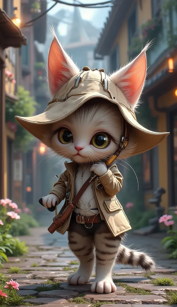 A small, wide-eyed kitten with oversized ears and a striped tail. It wears a tiny detective hat and carries a magnifying glass, exploring a cozy village.