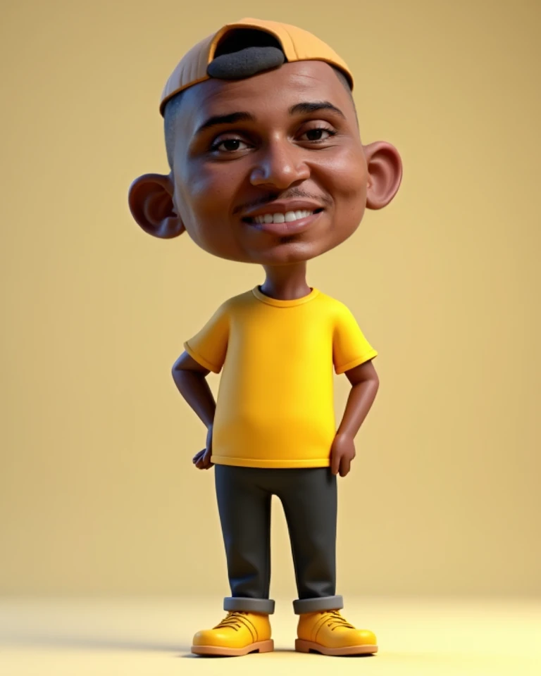 High-resolution 3D rendering of a charming and adorable caricature: a 40-year-old man with medium-dark skin, oval face, thick eyebrows, dark eyes, happy expression, thin lips, and bald. He wears a yellow t-shirt, black pants, yellow shoes and a cap. Vibran...