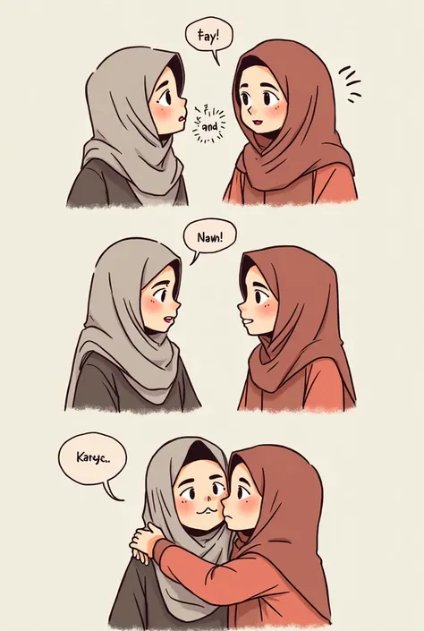 (Comic:1.2), hijabi woman fight ,and apologised,4 panel comic , speech bubble cute artsyle,they hug in last panel