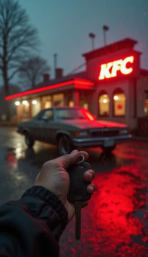 first person POV of a hand holding a worn-out car key in front of an old, rusty car parked on KFC restaurant  driveway in a rainy night time . The neon red KFC logo reflects on the wet pavement. An old car is in the foreground with some distance, with its ...