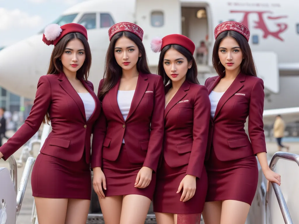 four flight attendants standing on the steps of the aircraft in uniform Maroon color typical of Qatar Airways. Each wearing a neatly cut blazer, knee-length skirt, as well as matching little hats. The collar part is combined with patterned shades that add ...