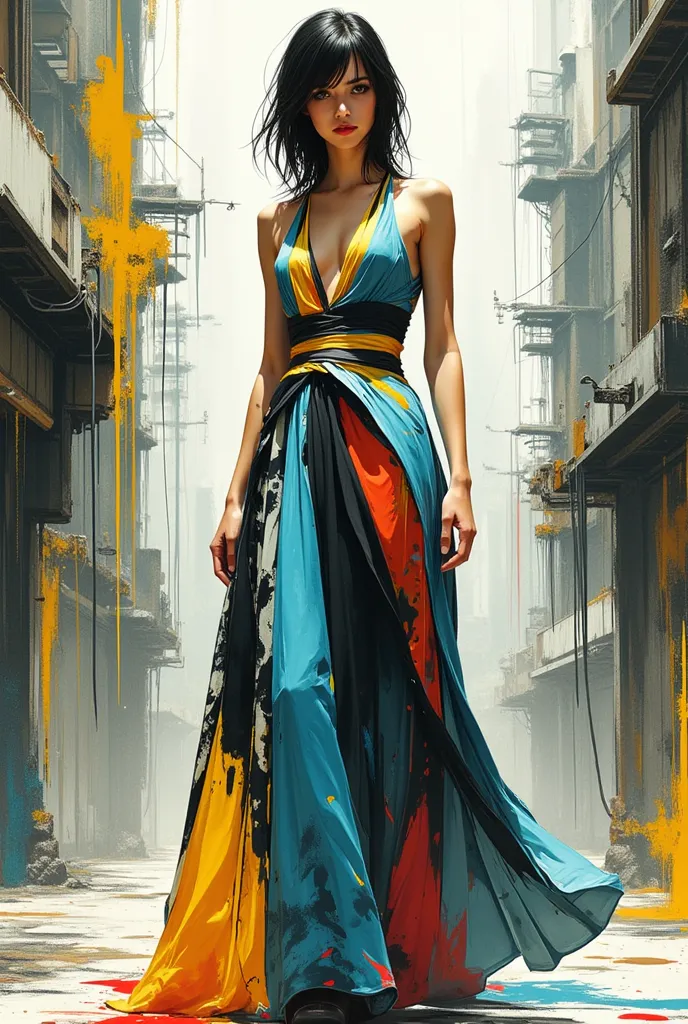 A futuristic female figure stands in a surreal, abstract cityscape, wearing a long, flowing dress that blends high fashion with cyberpunk aesthetics. The dress is an avant-garde masterpiece, featuring bold geometric patterns, splashes of vibrant colors lik...