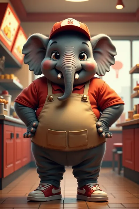 photorealistic full body portrait of Dressed animals - a ((fat)) (baby elephant) fast food worker,(art by  Giuseppe Arcimboldo),(happy smile:1.5),(furry), high quality,(lovely) hands on hips,, (Wearing fast food shop uniform) , (wearing apron and shirt wit...