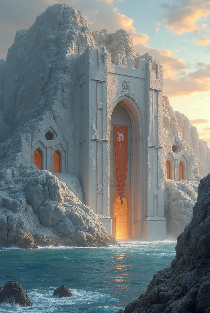 An imposing fortress carved directly into a white stone mountain, serving as the lair of the Sentinels of Light. The base of the structure is hidden inside the mountain, while its grand entrance protrudes out, like a sacred portal of soft and monumental fo...