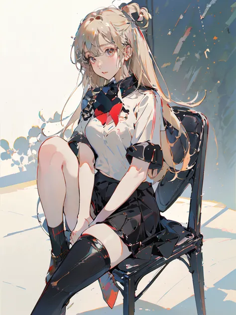 ((masterpiece:1.2)), ((Highest quality:1.2)),  1girl , ((hair bun, Blonde, black leather jacket, white t-shirt, showing belly, black mini skirt, short red socks, white sneakers, casual, fashionable, (microphone, holding))), (sitting on floor,  wariza, V ar...