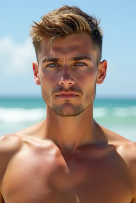 detailed photo of a young man, European, twenty-one years, fair skin, short cut dark blonde hair, blue eyes, thick and straight eyebrows, medium-sized and slightly protruding ears,  light beard growth , short trimmed beard, oval face, soft and facial featu...