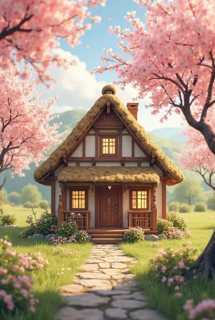 Nice mini house in the countryside with cherry blossoms