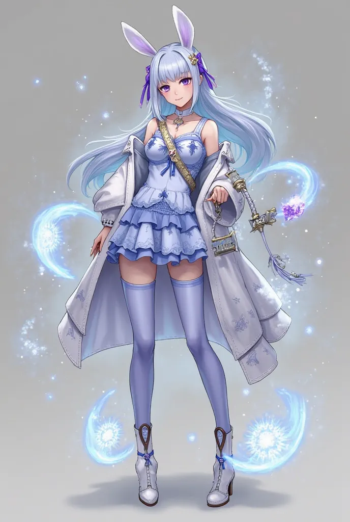 ## **Character design:  Women's Honeymoon **
** Style :**  elegant ,  ghost , occult, combines modern and traditional.

### **1.  outfit **
- ** Modern dress :**  light blue ,  layered skirt ,  blue print ,  shoulder part with blue purple ribbon .
- **tigh...