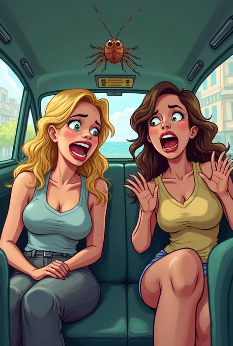 In Cartoon style,  2 women  ,  one blonde and another brunette, Inside a taxi,  Frightened by a huge cockroach walking inside the car , A flag from the Colombian panel 