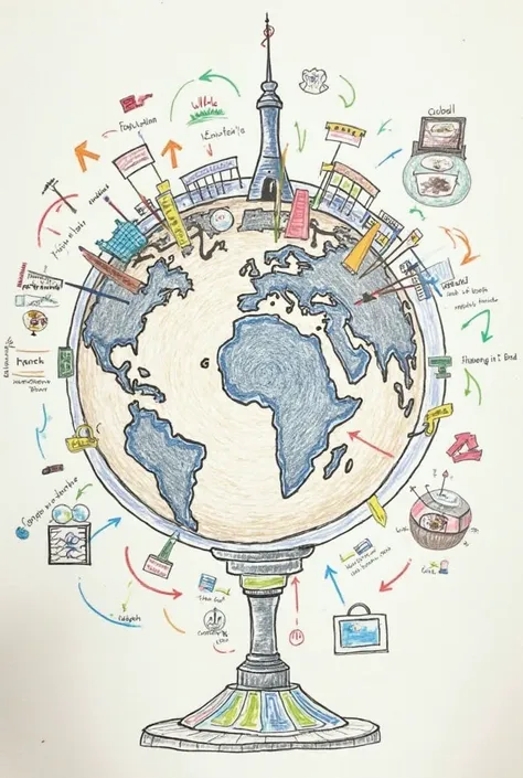 GCreate a visual representation (drawing, sketch, or infographic) that illustrates how the global economy works. Your artwork should reflect key aspects such as international trade, globalization, economic interdependence, or multinational corporations.

2...