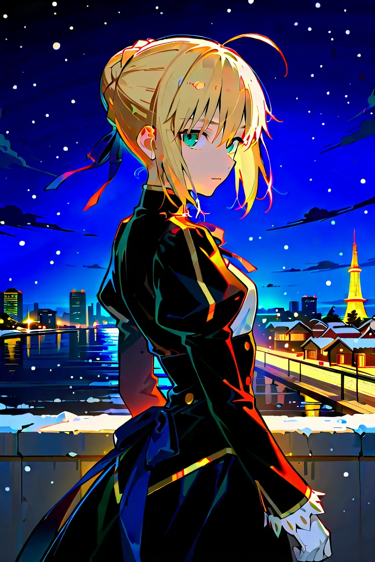  　masterpiece,amazing quality,best quality,ultra-detailed,8k,illustration,CG, tell me about 1 beautiful girl , 1girl ,Saber by Fate, expressionless, pattern  , Snow is falling, night city, muffler, gloves, looking side , 